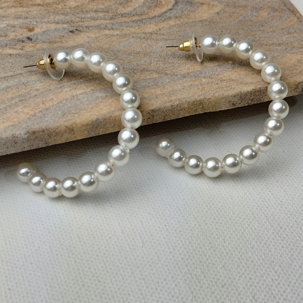 Pearl Bead Hoop Earrings White Gold Fashion Jewelry Alloy‎